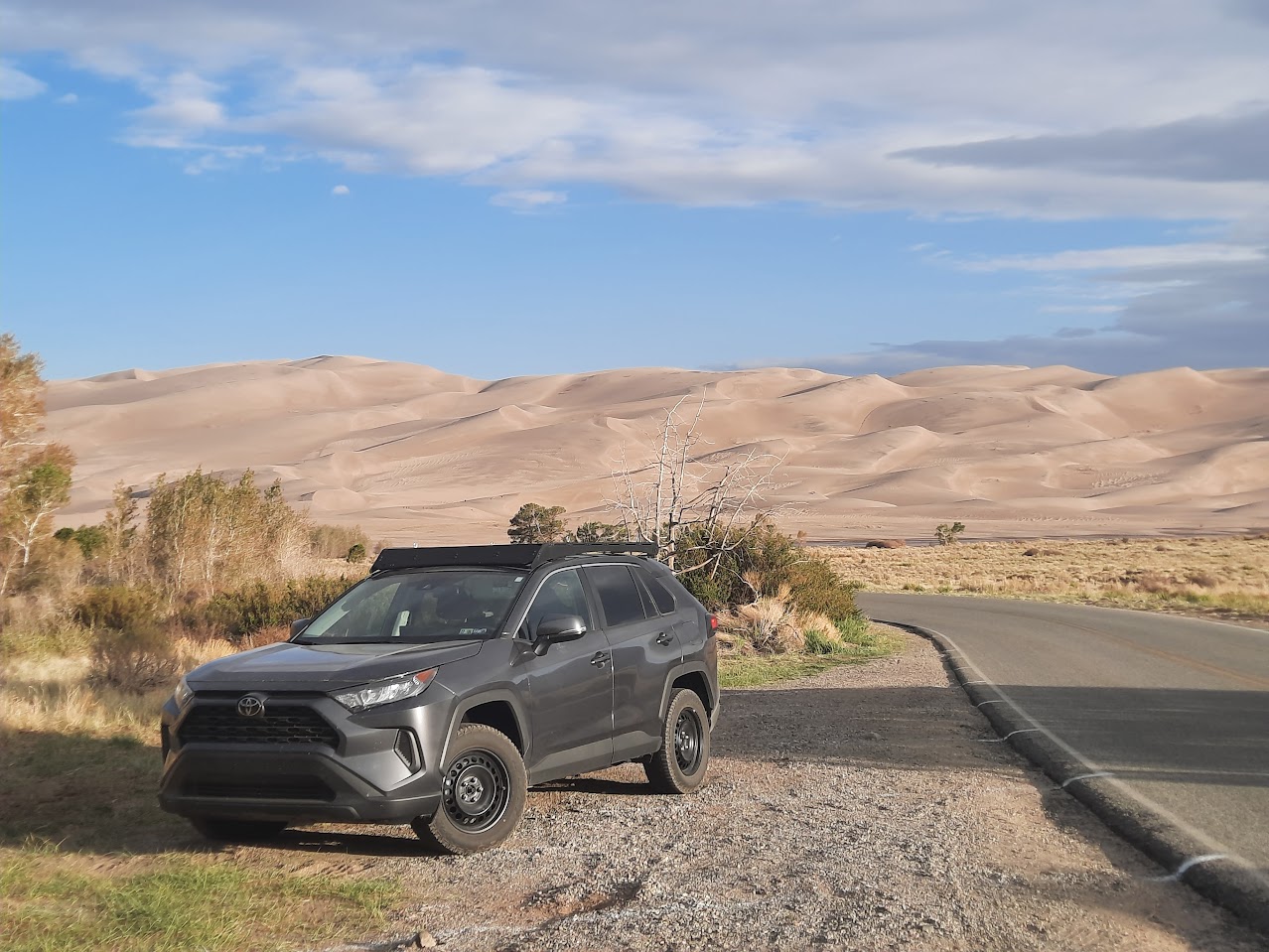magnetic gray metallic rav4 parked with sand dunes in background