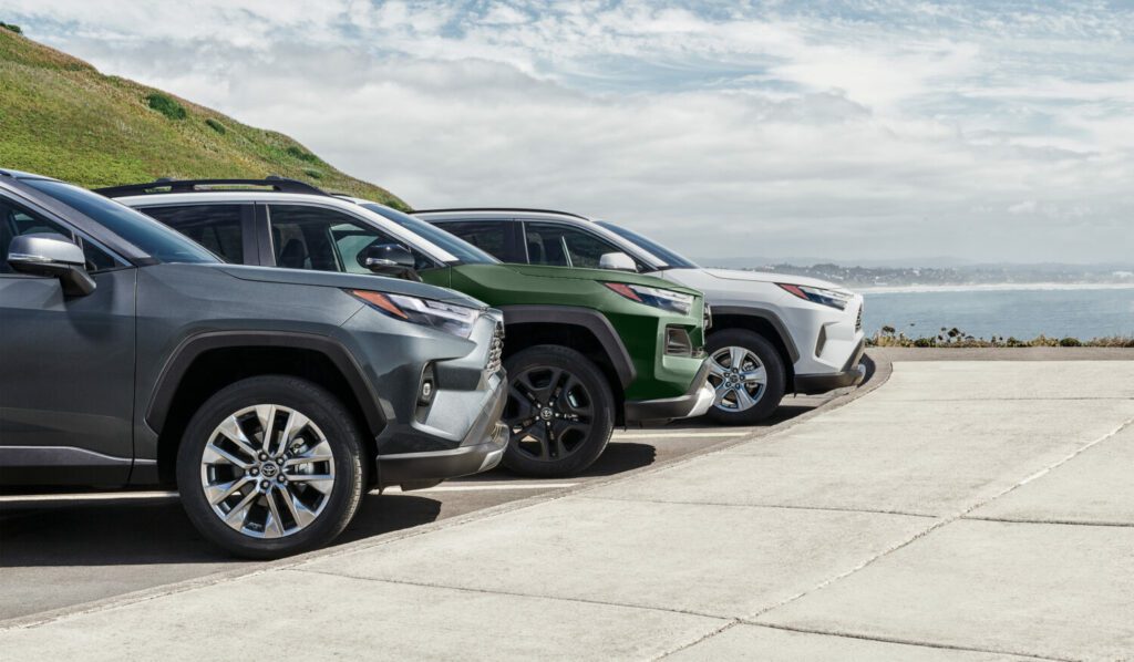 army green toyota rav4 in line with other models